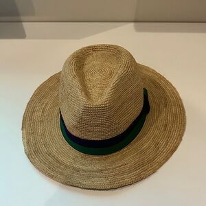 Wimbledon Straw Fedora Hat with Green and Navy Band